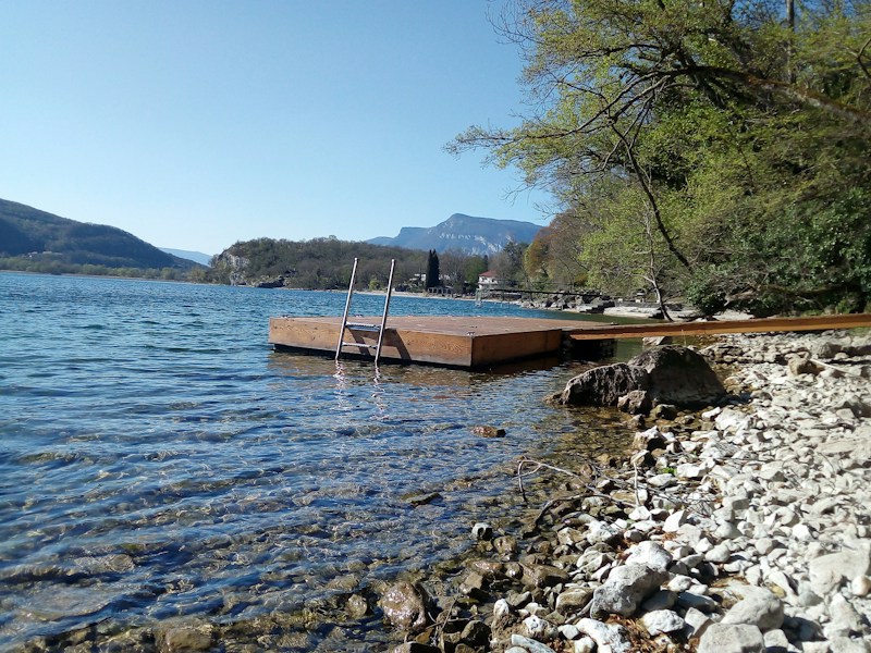 A serene lakeside scene with clear blue water gently lapping against a rocky shore. A wooden dock extends into the water with a metal ladder attached, perfect for swimming. In the background, green trees line the shore and mountains rise into the clear blue sky.