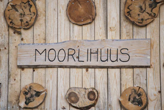 Wooden engraved name plate with intricate detailing displayed on a rustic wooden wall.