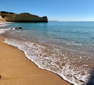 The golden sands and cliffside views of Varkala beach under a clear blue sky.