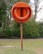 An orange lifebuoy mounted on a wooden post is situated in a grassy area with trees in the background. The word 'LIFEBUOY' is embossed on the outer covering containing the ring.