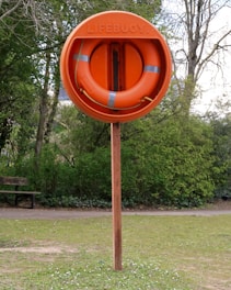 An orange lifebuoy mounted on a wooden post is situated in a grassy area with trees in the background. The word 'LIFEBUOY' is embossed on the outer covering containing the ring.