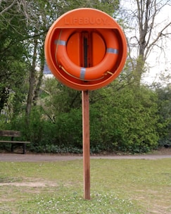 An orange lifebuoy mounted on a wooden post is situated in a grassy area with trees in the background. The word 'LIFEBUOY' is embossed on the outer covering containing the ring.