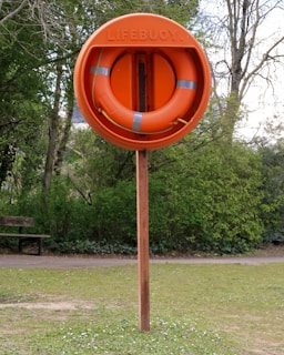 An orange lifebuoy mounted on a wooden post is situated in a grassy area with trees in the background. The word 'LIFEBUOY' is embossed on the outer covering containing the ring.