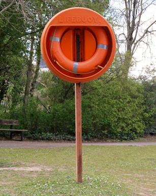 An orange lifebuoy mounted on a wooden post is situated in a grassy area with trees in the background. The word 'LIFEBUOY' is embossed on the outer covering containing the ring.