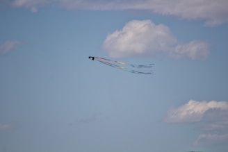 Brightly colored kite tails fluttering dynamically against a clear sky