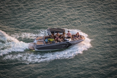 A motorboat speeds through the water, creating wake patterns behind it. Several people are onboard, some sitting and others standing, likely enjoying a leisure activity. The boat has a sleek design and appears to be modern.