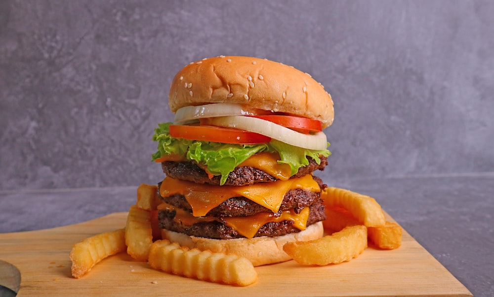 burger with lettuce and fries