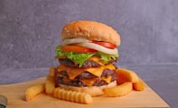 burger with lettuce and fries