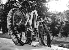 grayscale photo of mountain bike