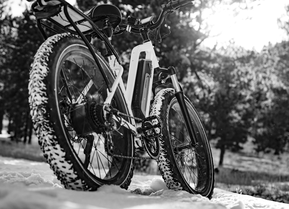 grayscale photo of mountain bike