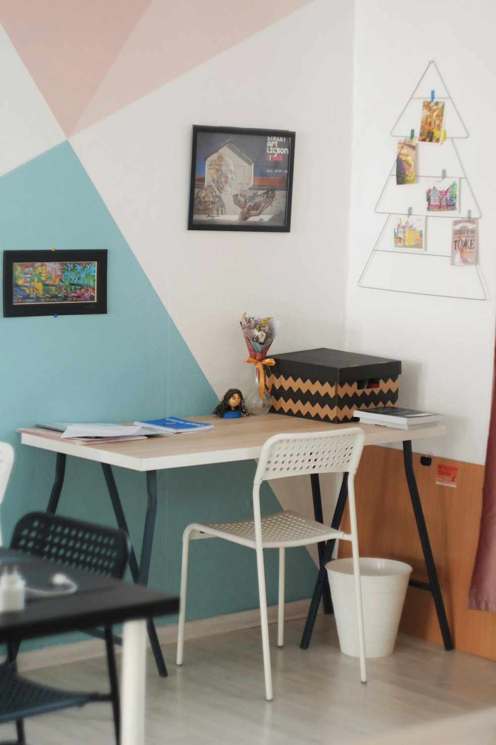 blue and white table with chairs