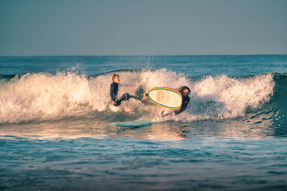 uomo in muta nera che cavalca la tavola da surf gialla e nera sul mare durante il giorno