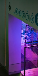 A modern architectural space with geometric structures and glass panels, illuminated by vibrant purple and blue lighting. The numbers and symbols on the wall suggest a wayfinding design. The background features abstract reflections and shadows created by foliage behind the glass.