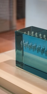 A glass art piece is displayed with multiple small figurines embedded within the glass. The figurines appear to be humanoid and are set in an orderly fashion, giving an impression of depth and layering. The glass has a bluish tint, and the entire piece is encased in a transparent display case. The background has a soft, out-of-focus look, indicating that the piece is likely in a gallery or museum setting.
