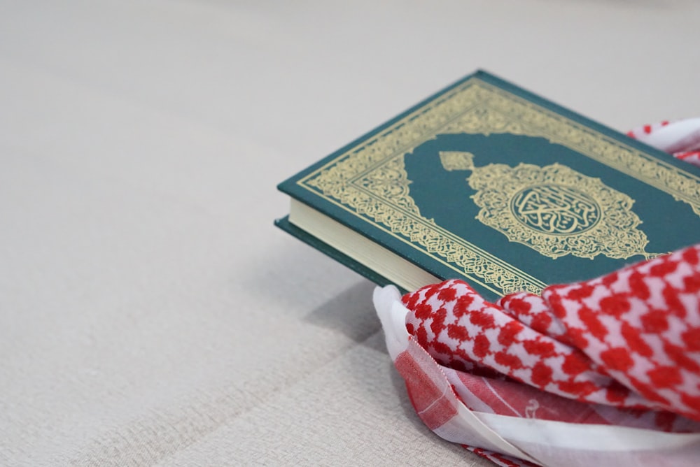 green and white book on white textile