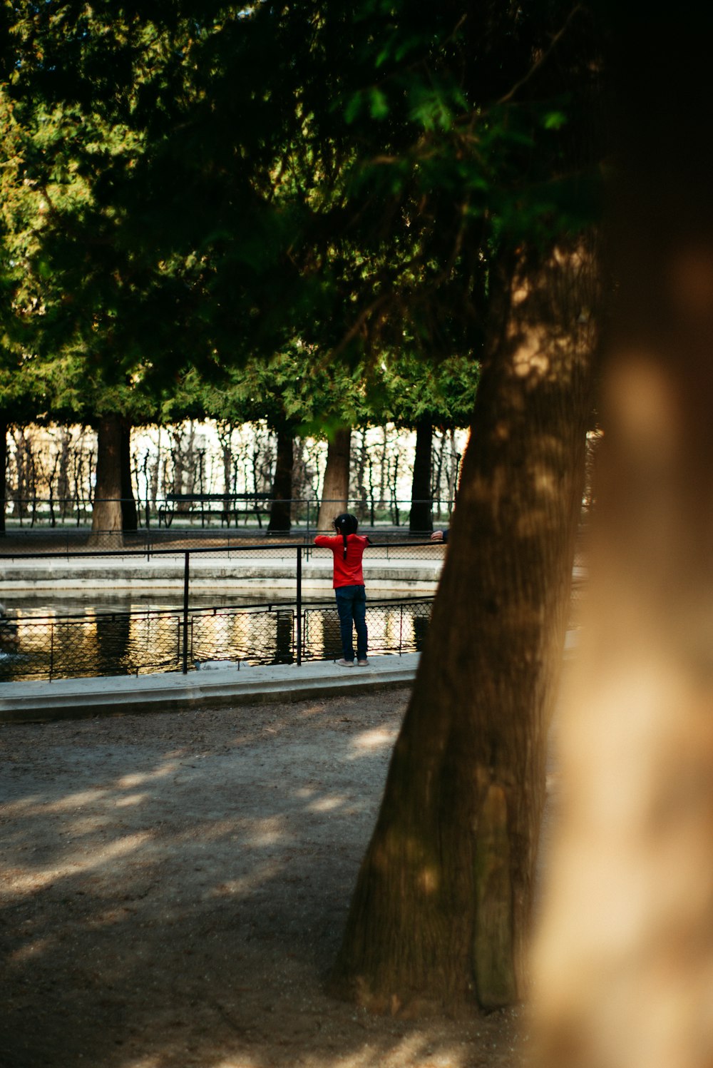 person in red jacket standing on gray concrete floor near green trees during daytime