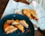 brown and black food on blue ceramic plate