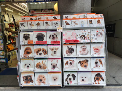 A colorful wall display of pet calendar covers featuring playful dogs and curious cats in various seasons.