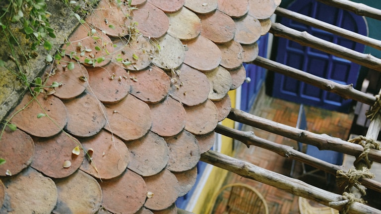 An overhead view of a tiled roof with rounded, weathered terracotta tiles. The top left corner has small green plants growing among the tiles. To the side, wooden beams are visible, tied together with rope. Below, part of a patio with a blue door and wooden flooring can be seen.
