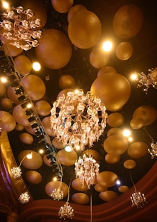 The image shows an ornate ceiling filled with spherical golden elements and elaborate chandeliers. The lighting creates a warm, luxurious ambiance, with various sizes of globes and intricate hanging light fixtures contributing to a lavish setting.