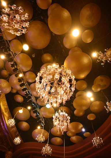 The image shows an ornate ceiling filled with spherical golden elements and elaborate chandeliers. The lighting creates a warm, luxurious ambiance, with various sizes of globes and intricate hanging light fixtures contributing to a lavish setting.