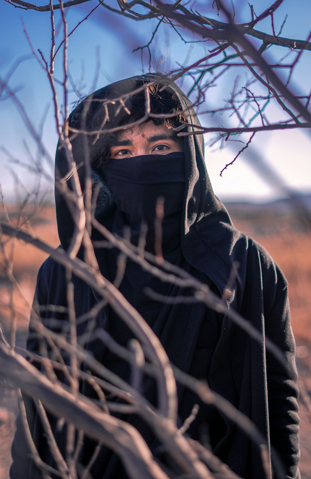 person in black hoodie standing near bare tree during daytime