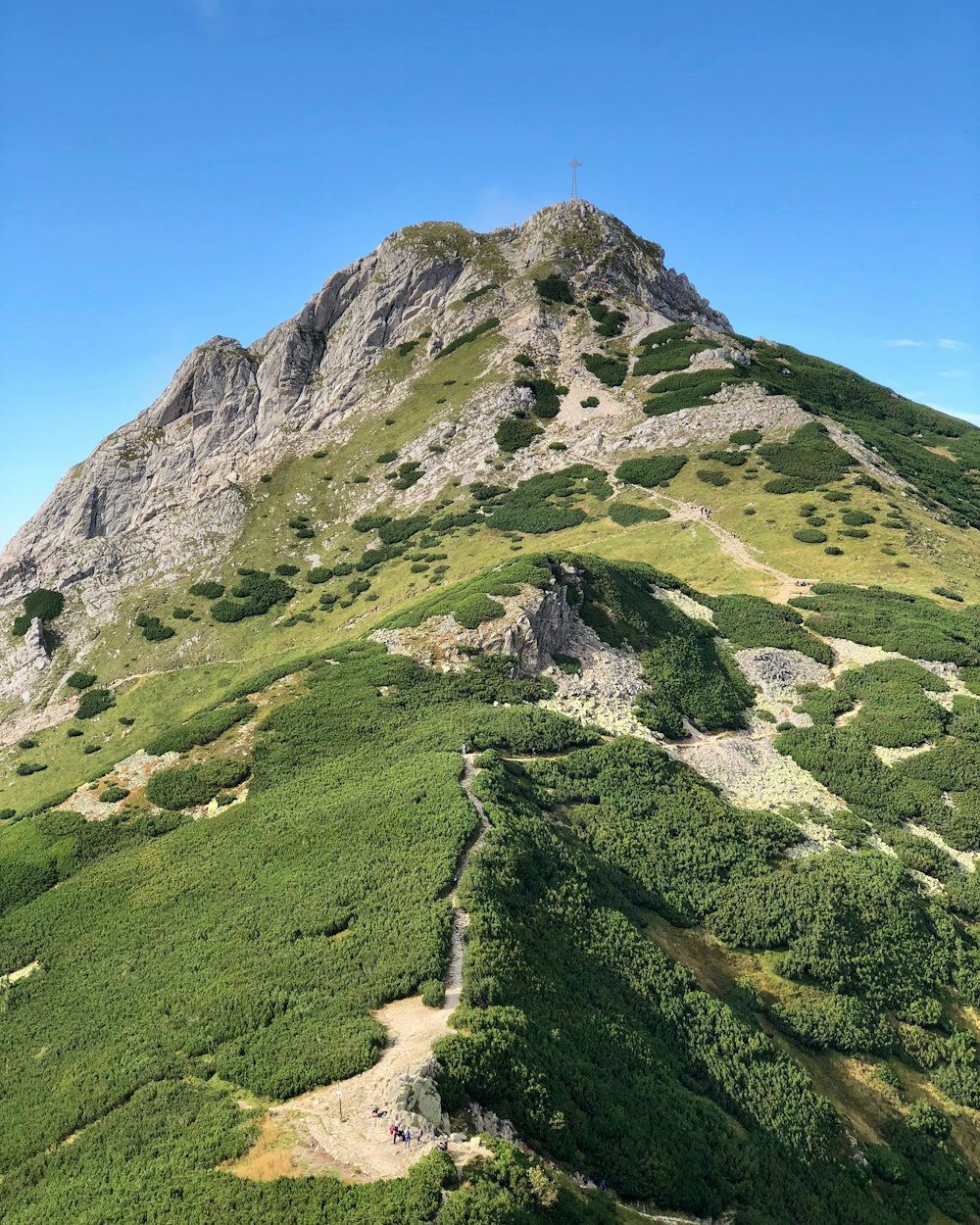 昼間の青空に緑と灰色の山