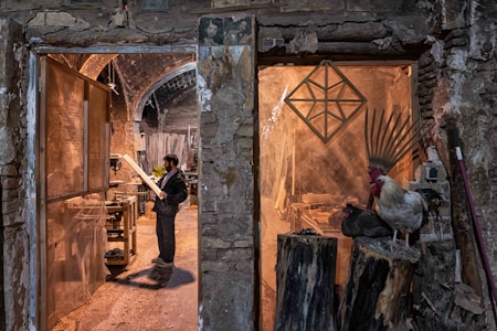 A man stands in a rustic workshop, examining a piece of wood. The space is filled with woodworking tools and materials. To the right, a rooster and a nearby hen perch on large logs, adding a rural, natural element to the scene. The stone walls and archways of the building create an old-world charm.