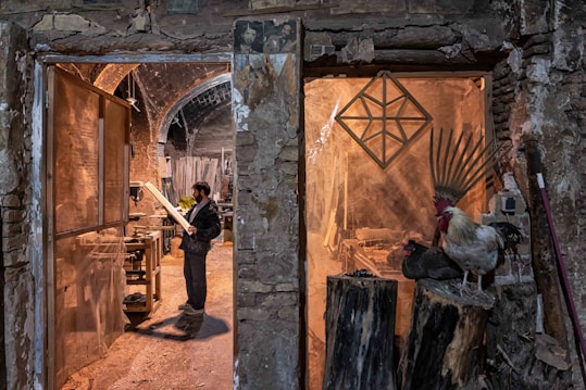 A man stands in a rustic workshop, examining a piece of wood. The space is filled with woodworking tools and materials. To the right, a rooster and a nearby hen perch on large logs, adding a rural, natural element to the scene. The stone walls and archways of the building create an old-world charm.