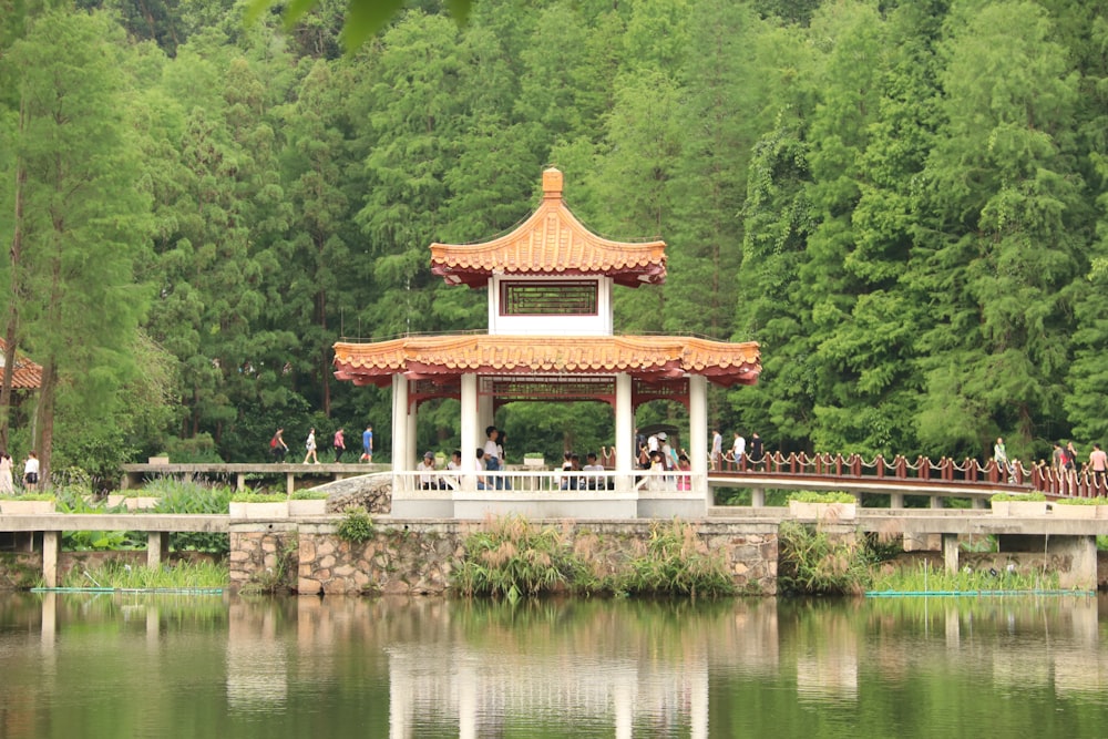 brown and white temple near lake during daytime