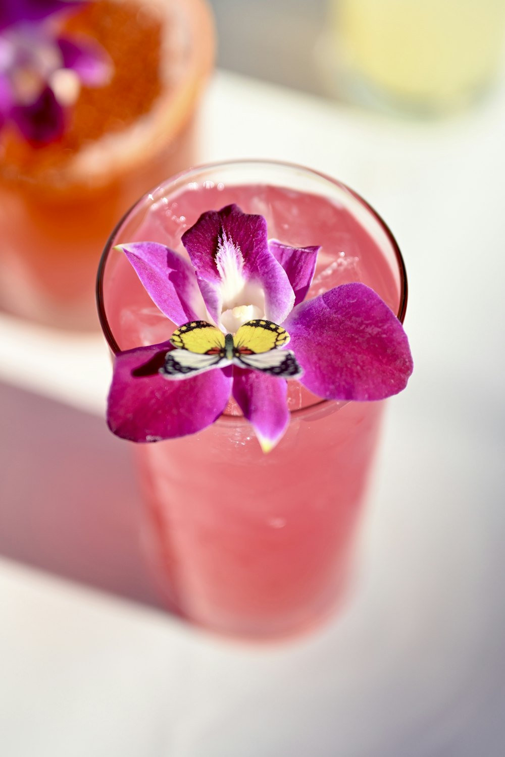 purple flower in clear drinking glass