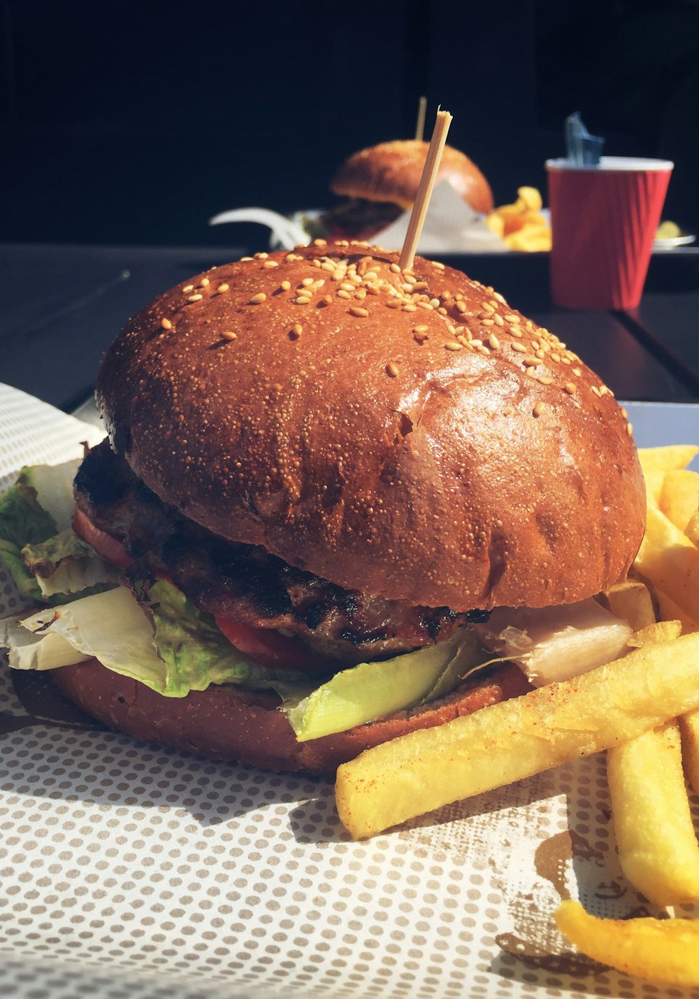 burger with fries and lettuce