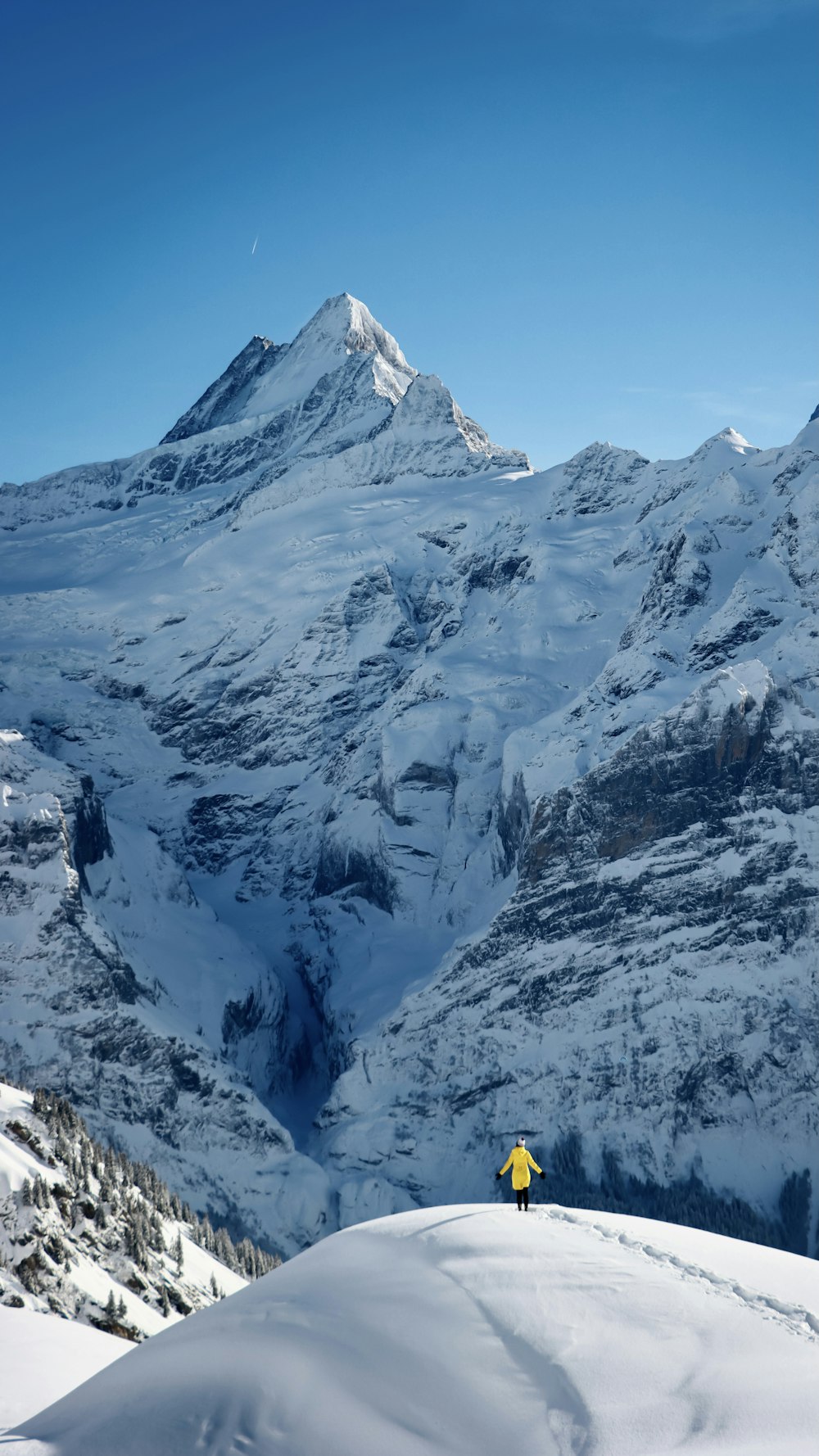 montanha coberta de neve durante o dia