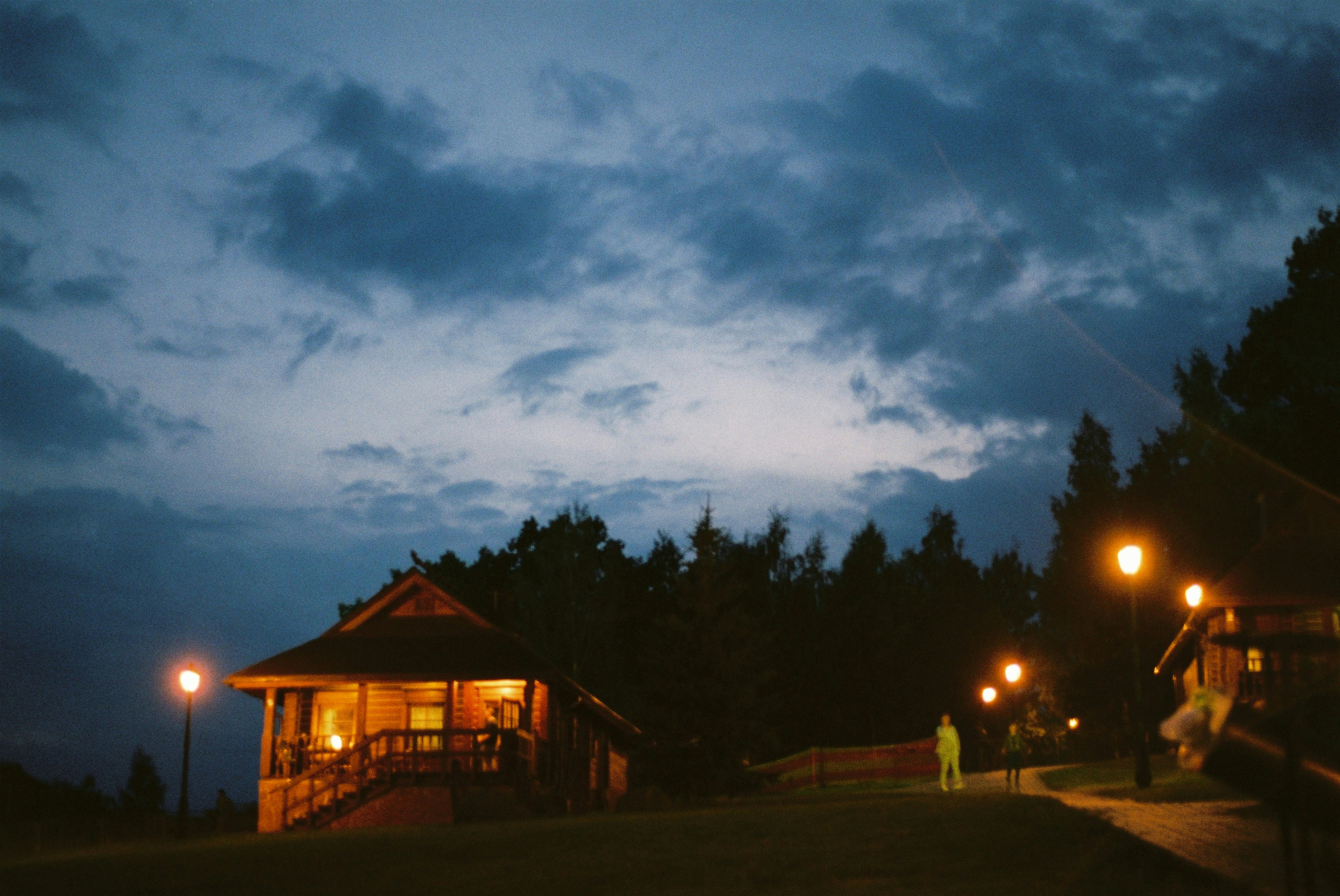 brown wooden house near trees during night time