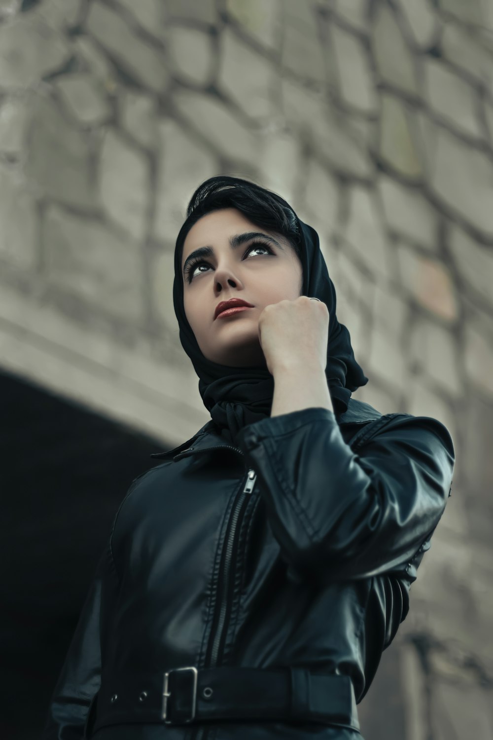 woman in black leather jacket