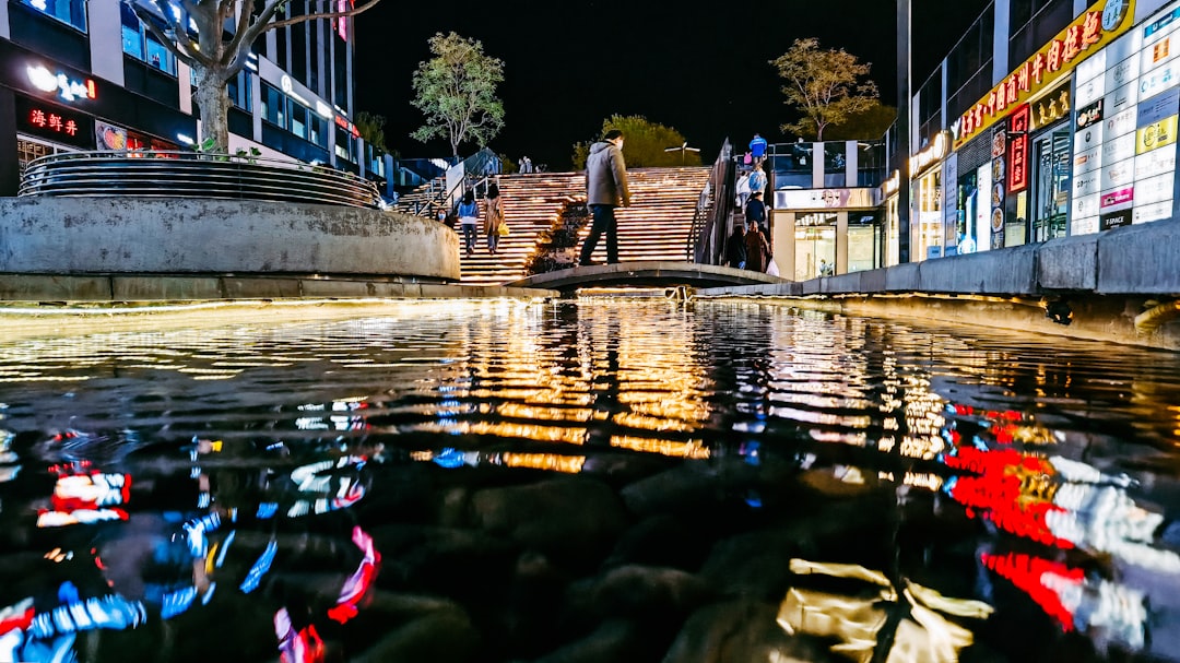 people walking on wooden bridge during night time