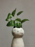Whimsical ceramic planter in the form of a smiling cat with a trailing ivy plant.