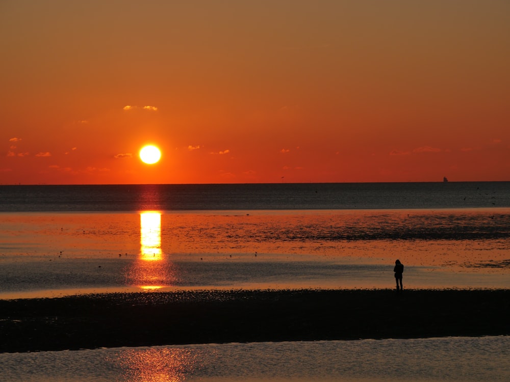 silhueta de 2 pessoas em pé na praia durante o pôr do sol