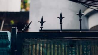 A close-up of a beautifully crafted wrought iron fence.