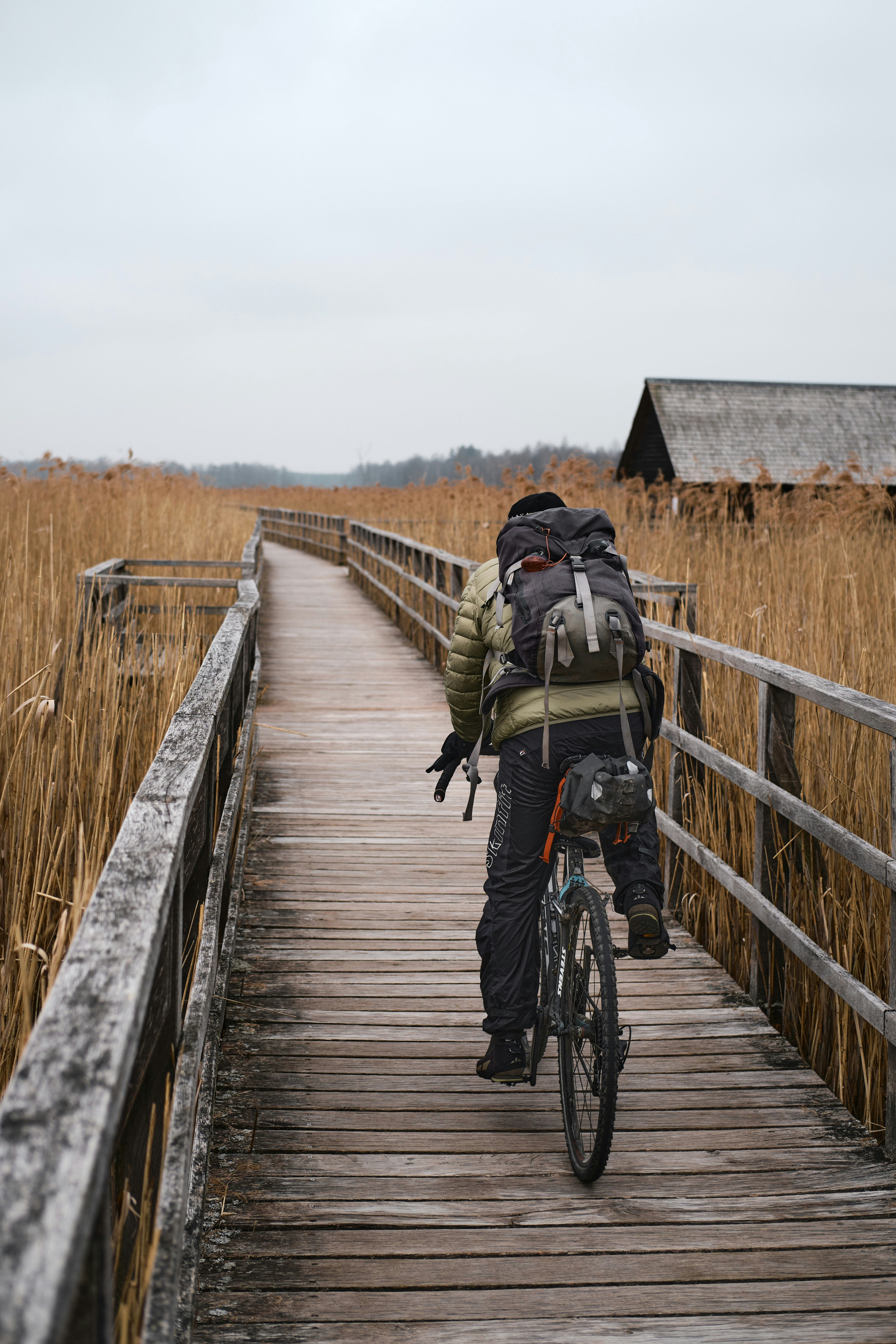Cyclist on Federsee (lake) unesco world cultural heritage. Shoot with Fujifilm X-T3 (Fuji).