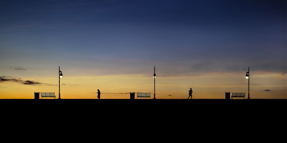 silhouette of people standing on field during sunset
