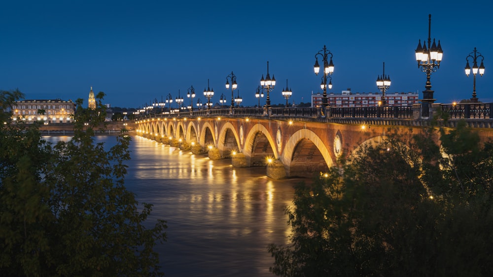 夜間の川に架かる茶色のコンクリート橋