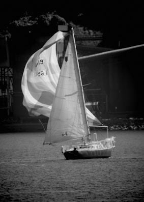 Pink and black toned sailing vessel navigating calm coastal waters.