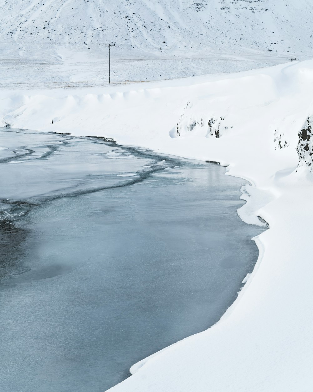 body of water near snow covered ground during daytime