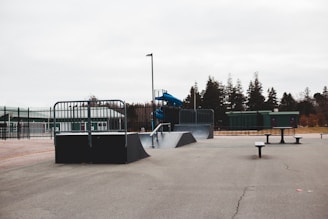 An outdoor skate park with various ramps and rails, surrounded by tall metal fencing. The ground is made of smooth concrete, and there are some trees and a cloudy sky in the background. A bench is visible to the right.