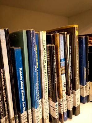 A shelf displaying books in Yiddish and Hebrew with colorful spines.