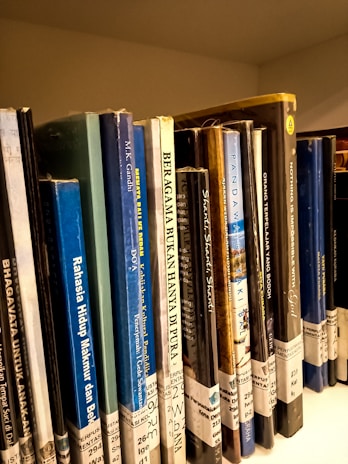 A row of assorted books standing upright on a shelf with visible titles and colorful spines. The collection includes books in different languages and some with distinct covers.