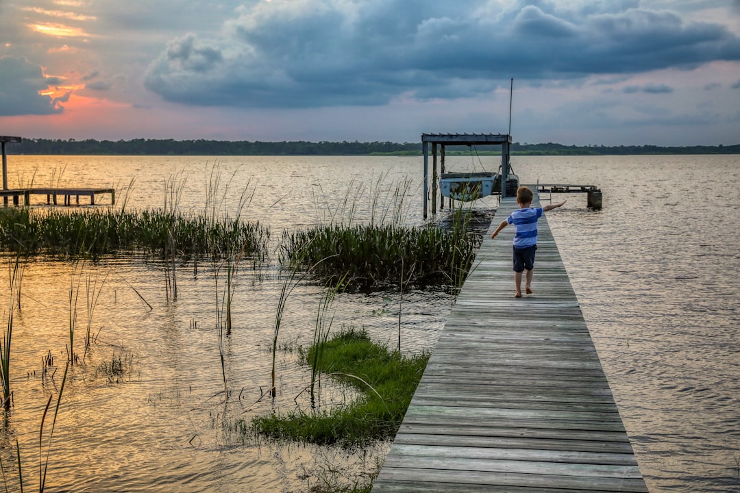 person in blue shirt walking on wooden dock during daytime