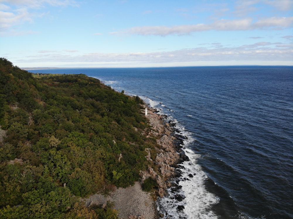 green grass covered hill by the sea under blue sky during daytime