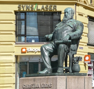 A bronze statue of a seated man with a beard holding a scroll, positioned in front of a building with a beige facade. Above the statue are signs for 'SYNS/LASER' and 'skopunkten'. The statue's base is marked with the name 'Christian Krohg'.